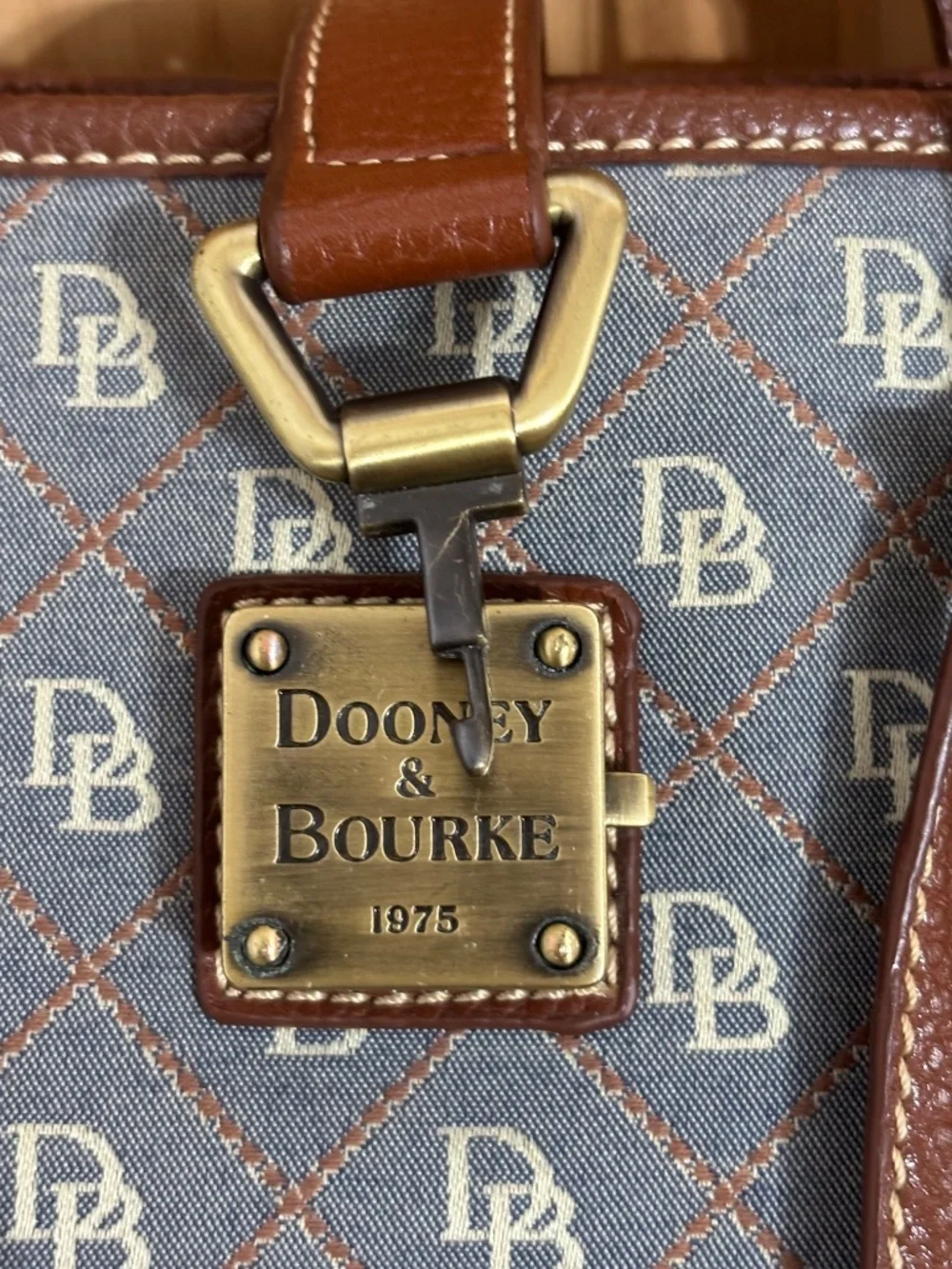 Dooney & Bourke Blue Gray Monogram Canvas Tote Brown Leather Duck Charm USA